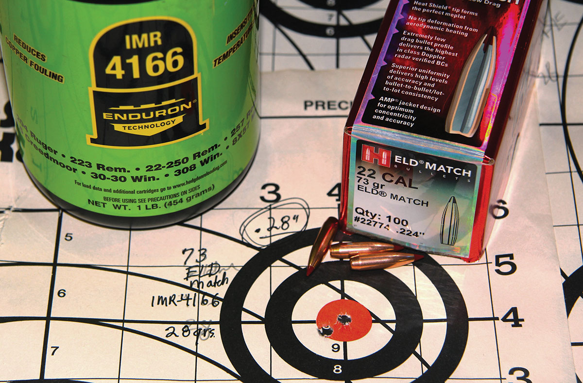 This three-shot group resulted from Hornady’s 73-grain ELD Match seated over 28 grains of IMR-4166. The average velocity was 3,134 fps.